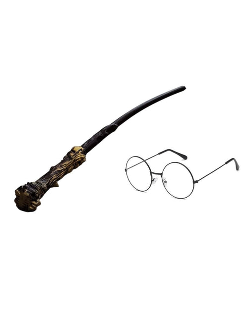 BookMyCostume Hary Film Wizard Wand and Round Black Glasses Combo for Kids – Magical Stick with Classic Costume Glasses for Fancy Dress, Cosplay & Wizard-Themed Events